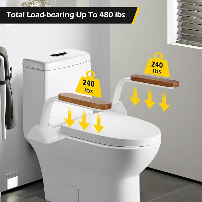 Dyna-Living Toilet Safety Rails 480lbs Toilet Safety Frame with Flip Up Non-Slip Wooden Armrest Handicap Toilet Rails, Toilet Assist Devices for Seniors Toilet Support Bars Toilet Riser for Elderly