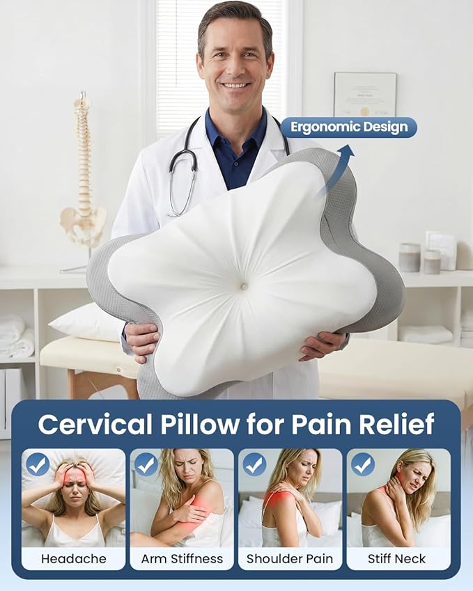 Cervical Pillow for Neck Pain Relief, 4-Height Adjustable Oeko-TEX Memory Foam Contour Pillow for Sleeping, Ergonomic Orthopedic Cooling Neck Pillow for Side Back Stomach Sleepers, Arm Support
