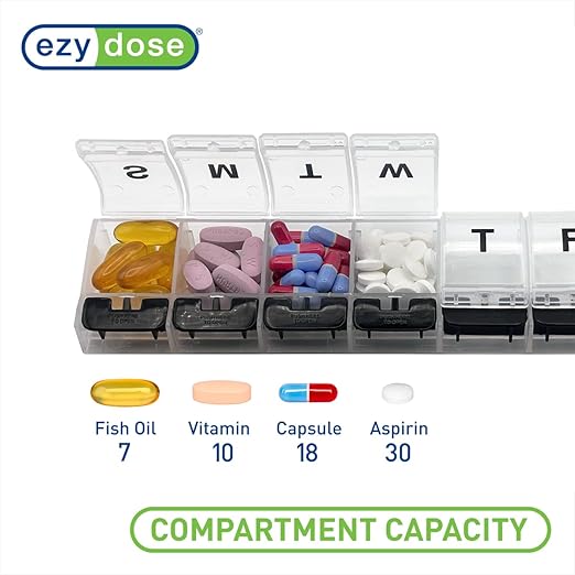 EZY DOSE Weekly (7-Day) AM/PM Daily Pill Organizer, Vitamin Case, and Medicine Container, X-Large Compartments, Arthritis Friendly, Convenient with Effortless Portability, Clear/Black Lids, BPA Free
