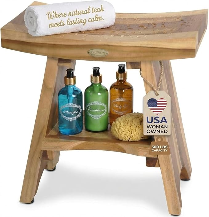 EcoDecors Teak Shower Bench 18", 300 lb Capacity – Waterproof Wood Bath Seat with Shelf, Spa Seating for Adults – Compact Fit for Small Bathrooms & Walk-in Showers – Slip-Resistant Feet