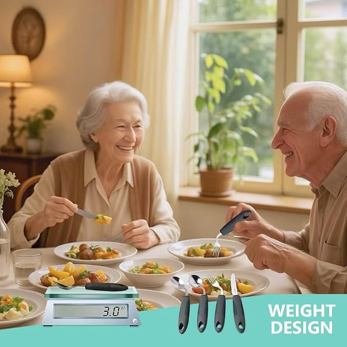4 Pcs Adaptive Utensils for Elderly, 45° Angled Built Up Handle Utensils for Adults, Arthritis Silverware for Parkinsons Patients, Eating Utensils for Hand Tremors(Right-Handed)