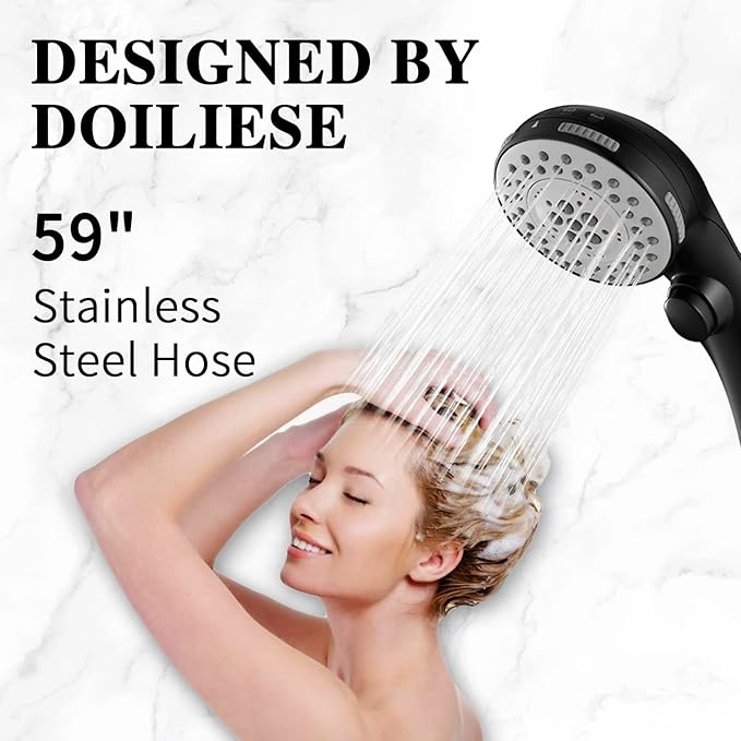 DOILIESE High Pressure 6 Setting Shower Head with Handheld, Shower Heads with ON/OFF Switch and Spa Spray - Matte Black