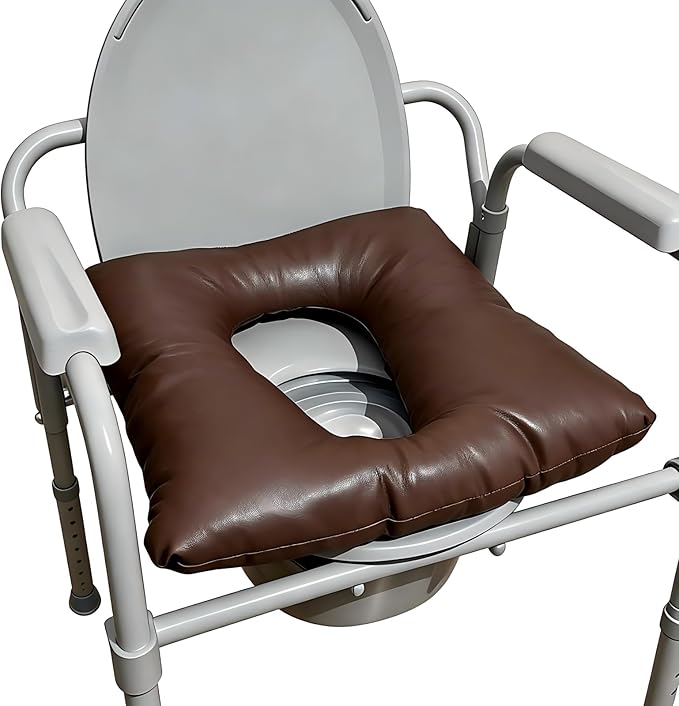 Bedside Commode Cushion, Washable Toilet Seat Cushion for Seniors, Padded PU Cover with Fixing Straps for Commode Chair 16.5" X 16.5", Portable Soft Toilet Seat Cushion for Elderly Adults (Brown)