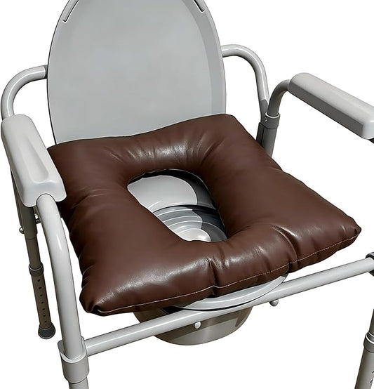 Bedside Commode Cushion, Washable Toilet Seat Cushion for Seniors, Padded PU Cover with Fixing Straps for Commode Chair 16.5" X 16.5", Portable Soft Toilet Seat Cushion for Elderly Adults (Brown)
