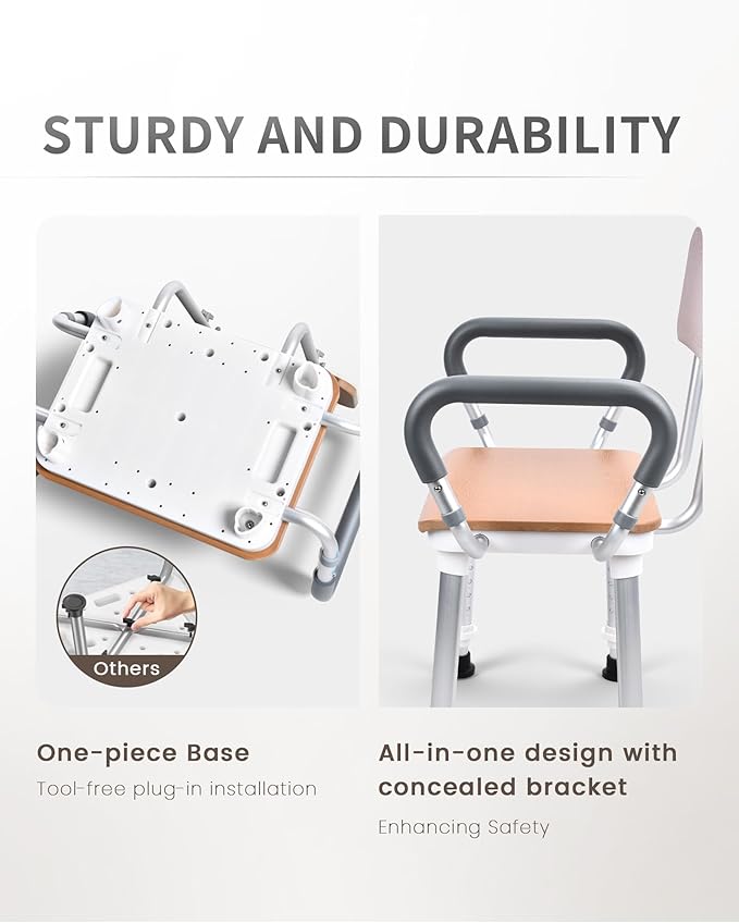 Sangohe Shower Chair for Inside Shower, Heavy Duty Shower Seat for Elderly and Disabled, 400 lbs, Wooden Seat Board and Back, Height Adjustable, 796D-A