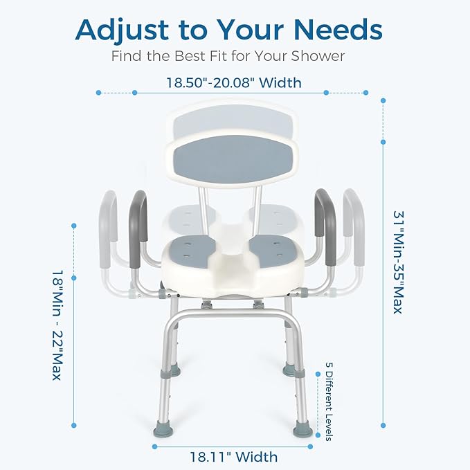 FAHKNS Senior Bathing Chair Swivel Shower Chair with Arms and Back, 400 lbs Heavy Duty U-Shape Seat for Inside Tub, Height Adjustable Safety Bath Seat for Elderly and Disabled