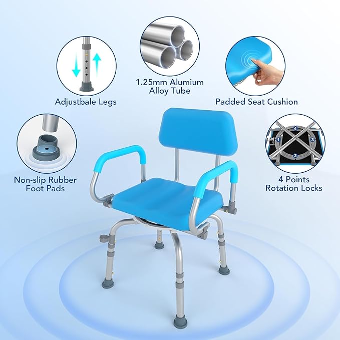 FSA/HSA Eligible 360° Swivel Shower Chair for Inside Shower, Adjustable Shower Seat with Pivoting Arm Bath Seat for Bathtub, Handicap Bathtub Chair for Senior Elderly Disabled, 4Level Height