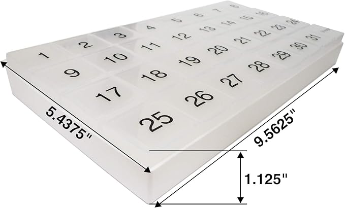 31 compartments, 1 per Day, 4 Week Monthly Pill Organizer by Promed. Includes Tray and 8 Removable compartments. (White)