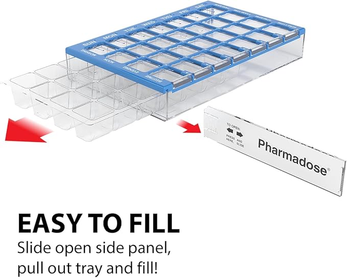 EZY DOSE Weekly AM/PM (7-Day) Daily Pharmadose Pill Planner, Medicine Case, Vitamin and Supplement Organizer, Medium Easy Fill Compartments, 4 Times a Day, 28 Compartments, Blue, BPA Free