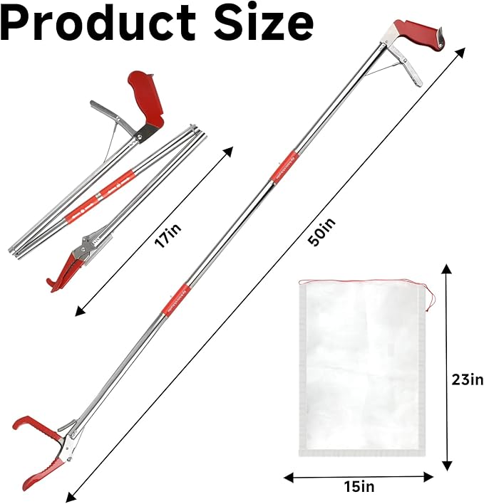 50in Snake Grabber, Snake Tongs Grabber Collapsible, Professional Reptile Snake Catcher Wide Jaw Handling Tool, Stainless Steel Snake Hook Long Reach Grabbers for Camping, Garden and Emergency Use