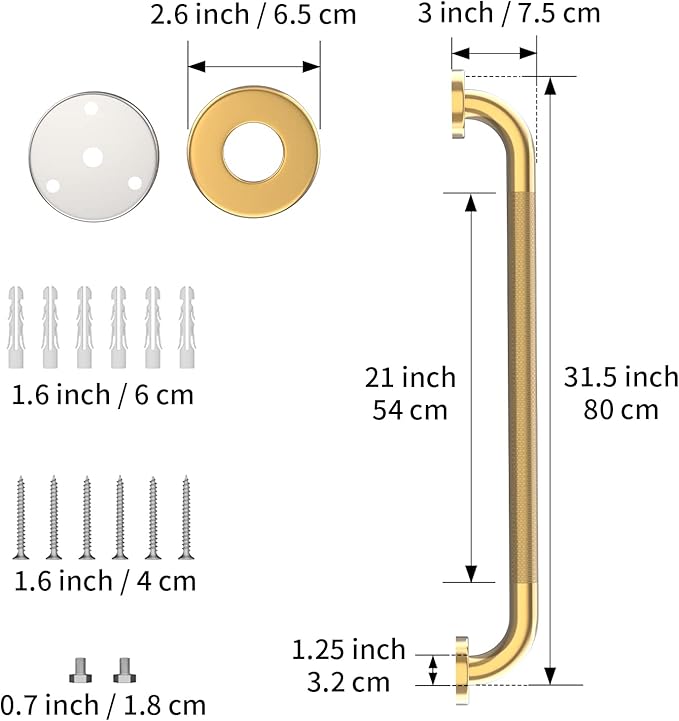 32 Inch Anti Slip Shower Grab Gold, Munzong Bathroom Grab Bar, Knurled Bathroom Balance Bar,Safety Hand Rail Support Handicap Elderly Injury Senior Assist Bath Handle