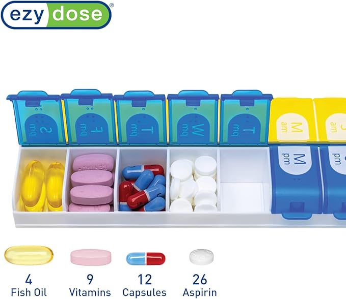 EZY DOSE Pill Organizer Weekly (7-Day), Medicine Planner, Vitamin Box, Daily Planner Case, 2 Times a Day, AM PM, Large Compartments, Easy Fill All Compartments at Once, Blue and Yellow, BPA Free