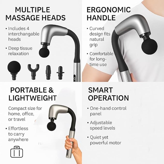 Handheld Cordless & Rechargeable Back Massager - Quiet - Full Body Massage Device for Women, Aches Relief, Sports Recovery and Deep Relaxation - 99Silver