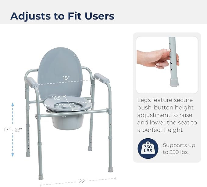 Drive Medical Folding Steel Bedside Commode Chair - 3-in-1 Portable Toilet - Adjustable Height - 350 Lb Weight Capacity - 7.5 Qt Bucket - Adult Commode - Grey
