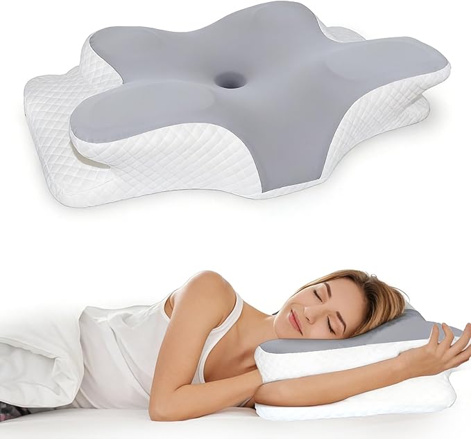 Cervical Pillow for Neck Pain Relief, Hollow Design Memory Foam Bed Pillow for Side & Back Sleepers, Ergonomic Contour Orthopedic Bed Pillow with Adjustable Support (White with Grey)