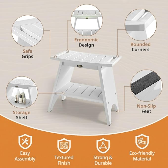 HDPS Shower Benches for Inside Shower to Sit on, Waterproof Shower Chair with Storage Shelf, Heavy Duty 500-lb Shower Seat, Shower Stool for Shaving Legs, Indoor/Outdoor Use, White