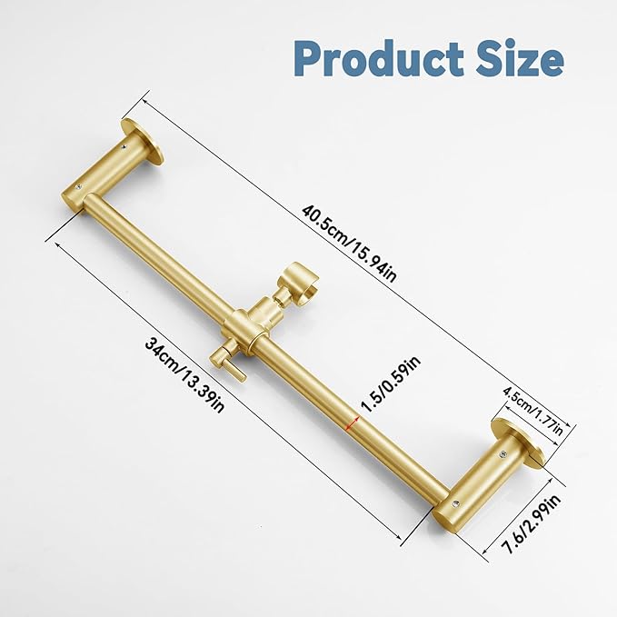 Shower Slide Bar Adjustable Handheld Shower Head Holder Wall Mount - 15inch All-Metal Shower Head Slide Bar Compatible with Bathroom Drill Free Glue Installation - Brushed Gold