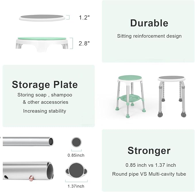 Swivel Shower Stool 350lbs, Tool-Free Assembly Adjustable Shower Seat Bathroom Stool with Storage Tray & Anti-Slip Rubber Tips for Safety and Stability