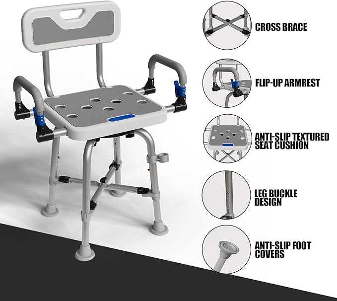 360° Swivel Shower Chair for Elderly and Disabled 400lbs Heavy Duty Bathing Transfer Stool with Armrests & Backrest Adjustable Height Bath Chair for Inside Shower Standard Bathrooms & Bathtubs Gray