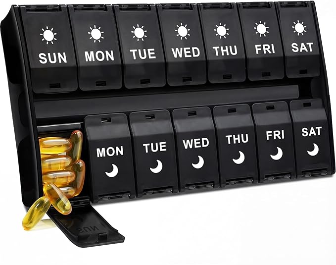 XL Large Weekly Pill Organizer 2 Times a Day, 7 Day AM/PM Pill Box with Hinged Lids & Secure Lock, Big Pill Box Holder Twice a Day, Medication Organizer for Vitamins, Supplements & Medication