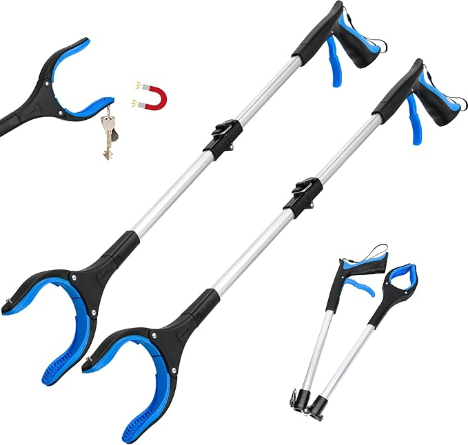 32" Grabber Reacher Tool, 2-Pack Foldable Reacher Grabber Pickup Tool with Buckle and Rope and with 360° Rotating Jaw & Magnet, Lightweight Grabbers for Seniors Heavy Duty(Blue)
