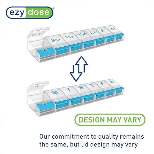 EZY DOSE Weekly (7-Day) AM/PM Daily Pill Organizer, Vitamin Case, and Medicine Container, X-Large Compartments, Arthritis Friendly, Convenient with Effortless Portability, Clear/Blue Lids, BPA Free