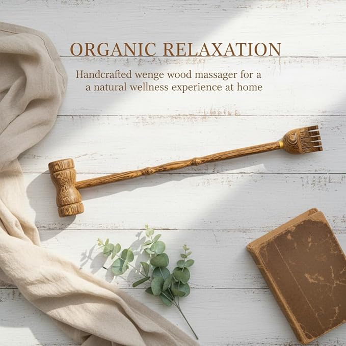 2 in 1 Wooden Back Scratcher and Massager Hammer, Long Handle Manual Back Tapper for Itching Relief, Muscle Relaxer for Back Neck Shoulder, Portable Handheld Massage Tool for Adults Elderly