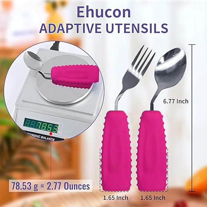 Adaptive Utensils,Weighted Angled Silverware,Parkinsons Aids,Curved Non-Slip Easy Grip Spoon and Fork Set for Tremors,Disabled,Handicap,Elderly,Arthritis (Left Hand,Pack of 2,Rose Pink)
