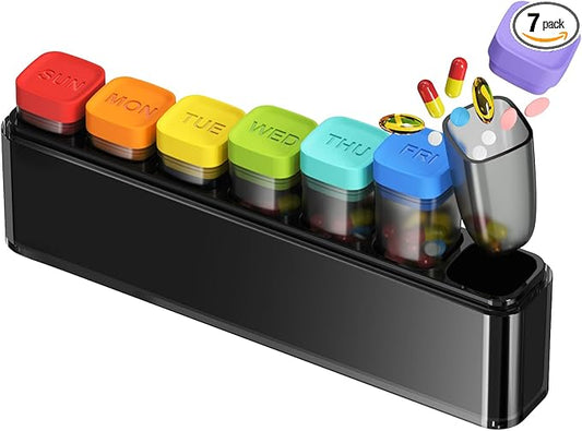 Weekly Pill Organizer 1 Time a Day, HIONXMGA Portable Travel Pill Box 7 Day, Large Once Daily Pill Case Holder, Color-Coded Pills Container Dispenser for Medication Vitamin Supplement Fish Oil, Black