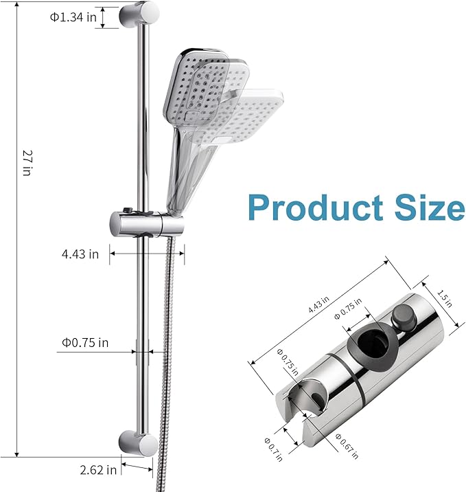 OFFO Shower Slide Bar Combo, Adjustable 27 in Slide Bar with 3-Mode Square Handheld Shower Head and 60 in Stainless Steel Hose, Screw Wall Mounted, Chrome Finish