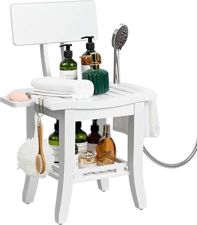 Ollieroo Two-Tier Bamboo Shower Chair for Inside Shower, Waterproof Baby Bath Seat with Storage Shelf, Soap Dish and Shower Head Holder, Shower Stool for Seniors Adults Disabled Pregnant(White)