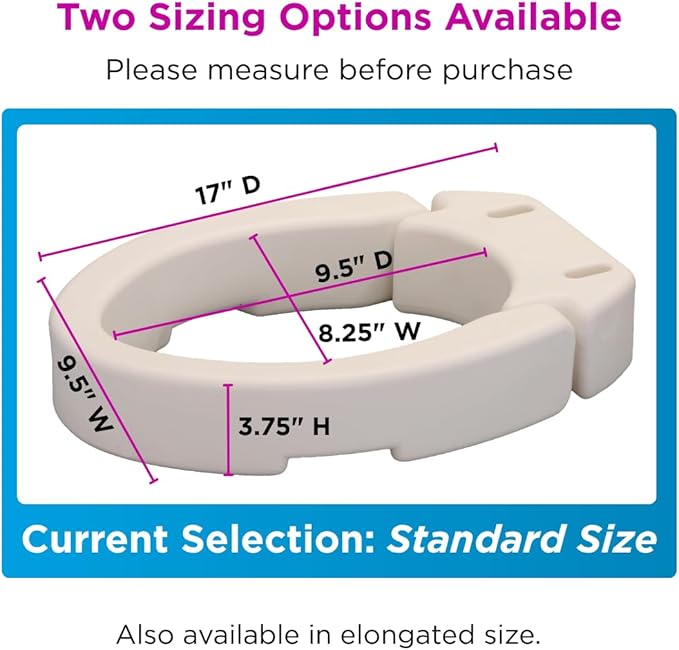 NOVA Medical Products Hinged Toilet Seat Riser, Lift Up and Down Raised Toilet Seat (For Under Seat), For Standard Seat, White, 1 Count (Pack of 1)