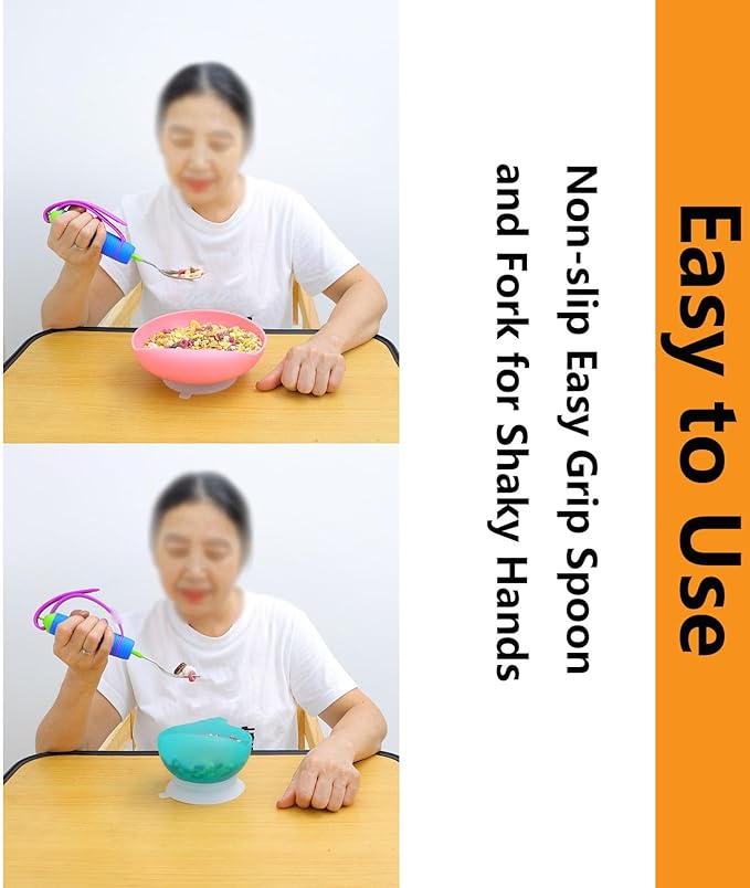 Adaptive Utensils for Arthritis, Parkinson’s & Hand Tremors – 360° Rotating Weighted Fork and Spoon with Adjustable Silicone Strap, Non-Slip Handle, Promote Independent Eating for Elderly