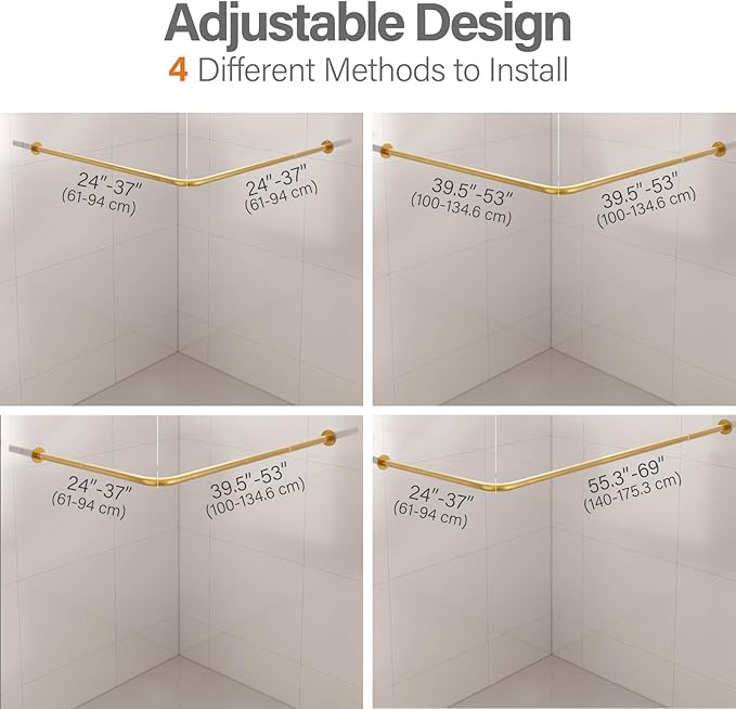 L Shaped Corner Shower Curtain Rod, 24" - 53" x 24" - 53" Adjustable 90 Degree Curved Bathroom Rod Square Rail No Sag with 12 Hooks & Ceiling Support - Gold