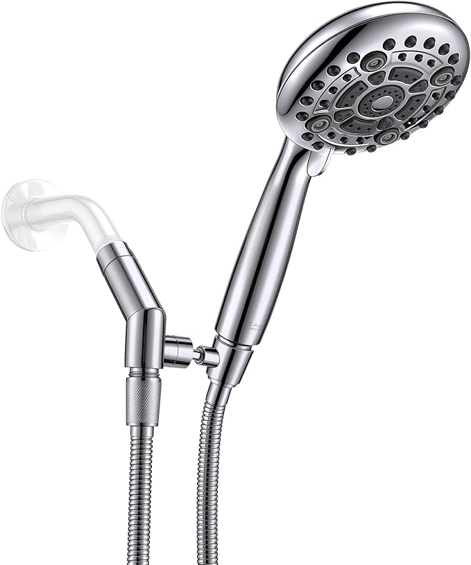 G-Promise Handheld Shower Head High Pressure 6 Spray Settings, Detachable Hand Held Showerhead 4.9 Inch Face with Extra Long Flexible Hose and Angled Bracket for Caddy & Shelf Installation