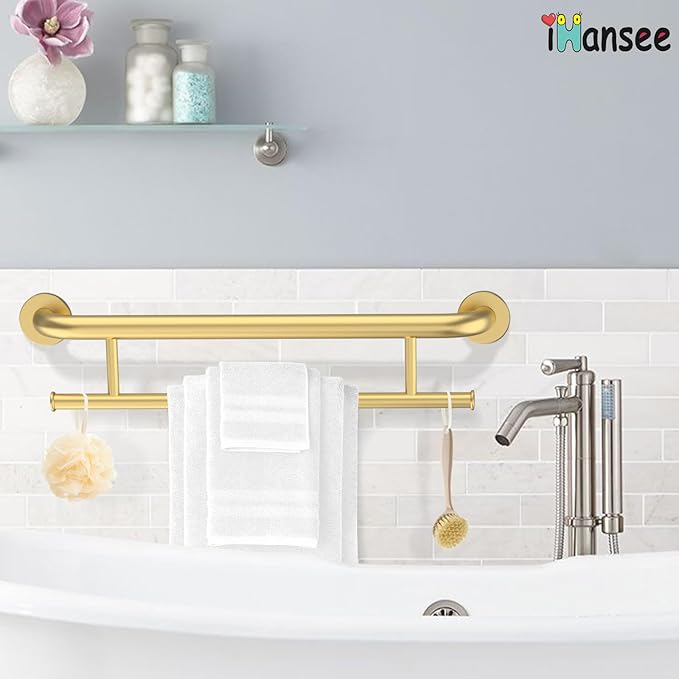 Brushed Gold Grab Bar 24 Inch w/Towel Holder, iHansee Stainless Steel Towel Rack Shower Support Balanced Support Handle, Wall Mount Safety Handrail Grab Rail for Elderly Senior Handicap Disabled