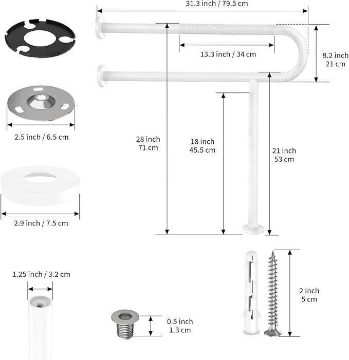 White Toilet Support Rail 31.3X 31.5 Inch, Munzong Anti-Slip Floor to Wall Handicap Grab Bar for Bathroom, Stainless Steel Knurled Safety handrails with Leg for Elderly Disabled Pregnant-1.25’Tube
