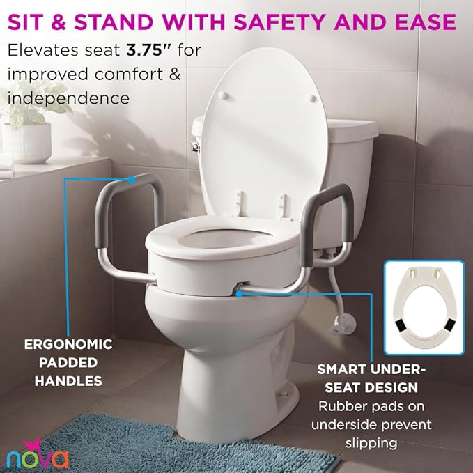 NOVA Raised Toilet Seat with Handles for Seniors – Elongated Toilet Riser with Safety Grab Bars, Elevated Toilet Seat for Elderly, Disabled & Post-Surgery Support - Elongated Toilet