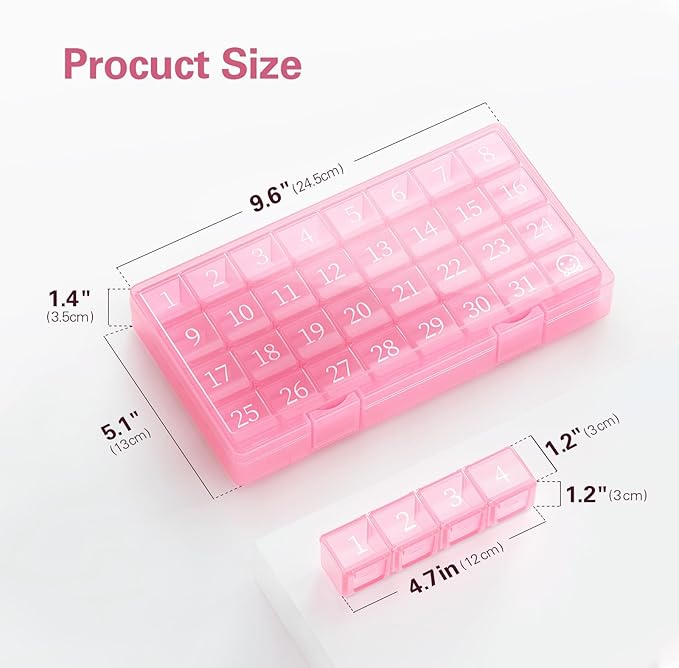 Barhon Monthly Pill Organizer 1 Time a Day, 30 Day Pill Organizer Once a Day, One Month Pills Box for Travel, Pink Medicine Pill Box for Vitamins, Supplements & Fish Oils