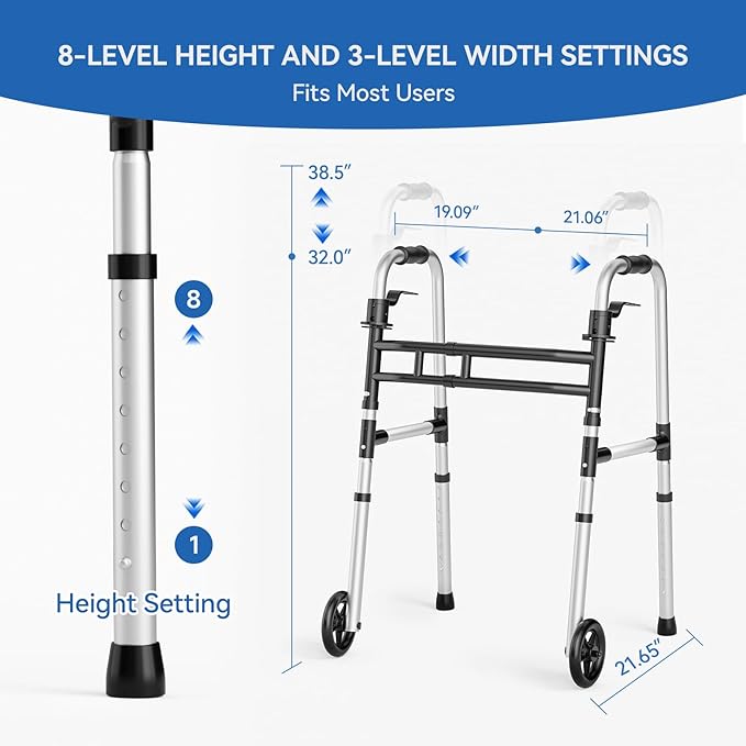 Loyoda Folding Walkers for Seniors，Medical Bariatric Walker Lightweight 5'' Front Wheel Walker Height and Width Adjustable Aluminum Standard Walker for Handicap