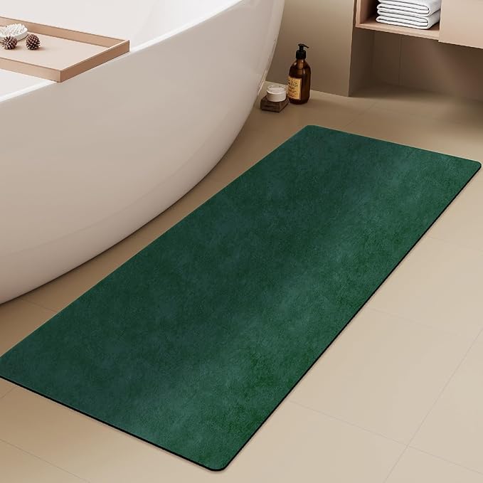 TYUU Bathroom Mat Quick Dry, Bathroom Rugs Non Slip Washable Thin Absorbent Bath Mat Fits Under Door Bathroom Floor Mat Perfect for Bath, Shower, or Sink 24"x70" Dark Green
