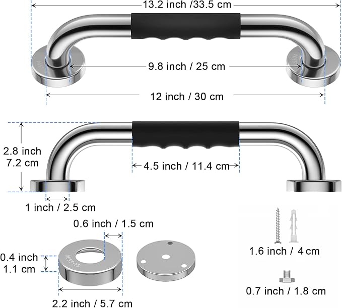 12 Inch Anti-Slip Shower Grab Bars w/Rubber Grip - 1" Diameter, iMomwee Chrome SUS304 Stainless Steel Bathroom Grab Bar Handle, Safety Balance Handrail for Wall, Handicap Elderly Assist Bath Handle