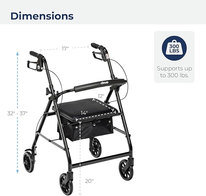 Drive Medical Aluminum Rollator Walker - Fold Up & Removable Back Support - Padded Seat - 6 Inch Wheels - Lightweight Portable Design - Indoor Outdoor Mobility Aid - Black
