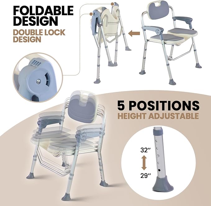 Medwarm Folding Shower Chair, U Shape Shower Chair with 5-Level Adjustable, Non-Slip Feet for Private Washing, Elderly, Disabled, Seniors & Pregnant, Heavy Duty Shower Chair