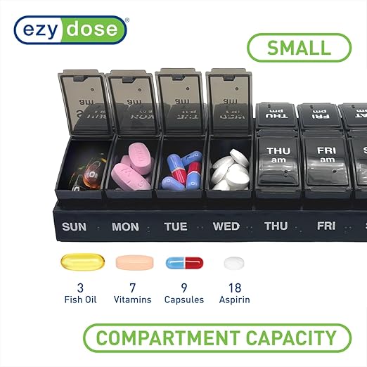EZY DOSE Weekly, AM/PM Daily Pill Organizer, 7-Day Medicine Planner, Vitamin Container, Small Pop-Out Compartments, 2 Times a Day Pill Holder, Black, Travel-Friendly, BPA Free