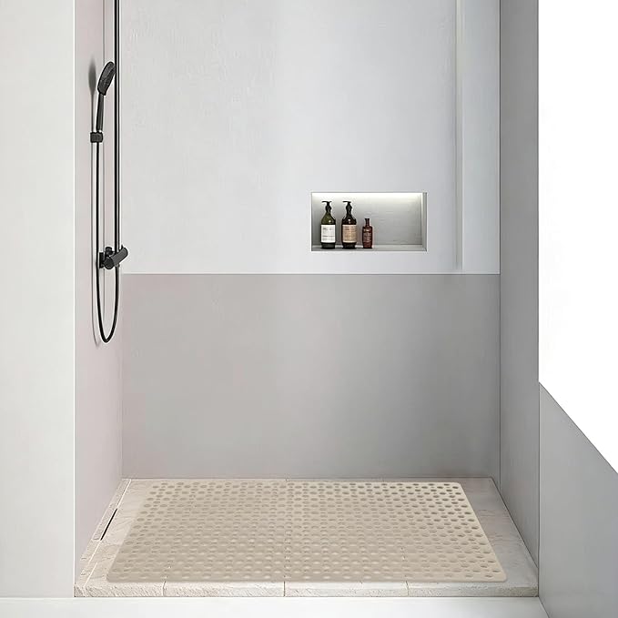 Square Shower Mat Non Slip, 27" x 27" Large Shower Mats for Inside Shower, Soft TPE Shower Floor Mat with Suction Cups and Big Drain Holes, Anti Slip Shower Stall Matt, Khaki