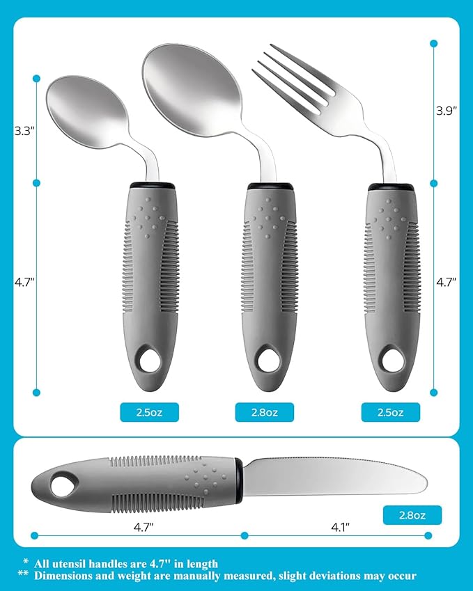 4-Piece Adaptive Utensils Set for Adults - 45° Angled 2.5oz Weighted Spoon, Fork, Knife & Soup Spoon for Hand Tremors and Parkinson’s Patients - Non-Slip Easy-Grip Handles