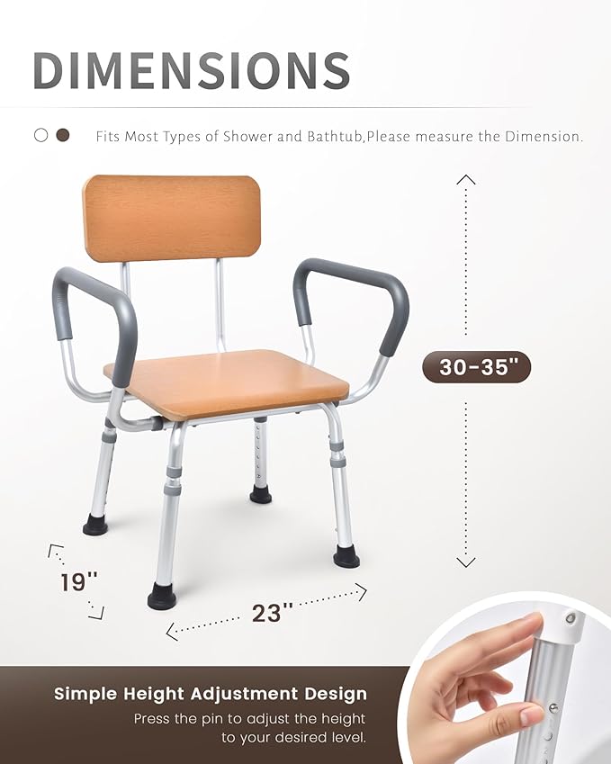 Sangohe Shower Chair for Inside Shower with Arms and Back, Height Adjustable Shower Chair for Elderly and Disabled, Wood Seat Board and Back, 400 lbs Heavy Duty Shower Seat for Seniors, 796A