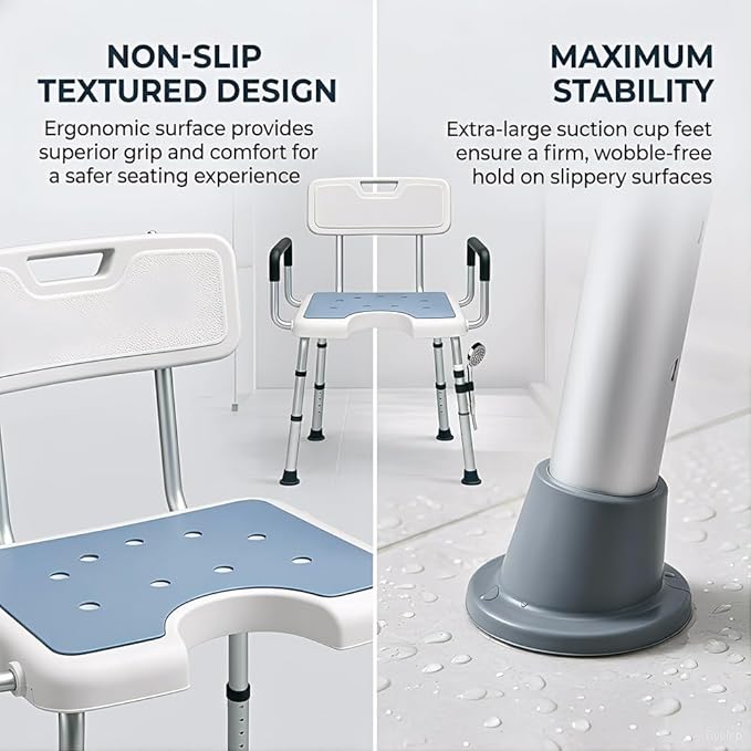Shower Chair for Inside Shower with Arms and Back HSA/FSA Eligible, 400lbs Capacity Height Adjustable U-Shaped Seat for Seniors Elderly Easy Bathing, 4-in-1 Tool-Free Assembly