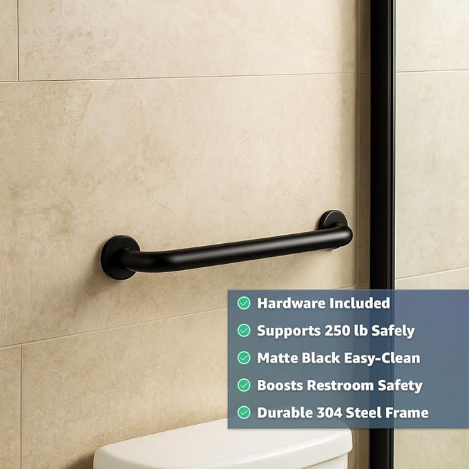18" Stainless Steel Matte Black Restroom Grab Bar - Wall Mounted Toilet and Shower Safety Bar for Elderly, Slip Prevention Support Handle, Commercial Bathroom Rail, 250 lb Capacity, Mounting Hardware